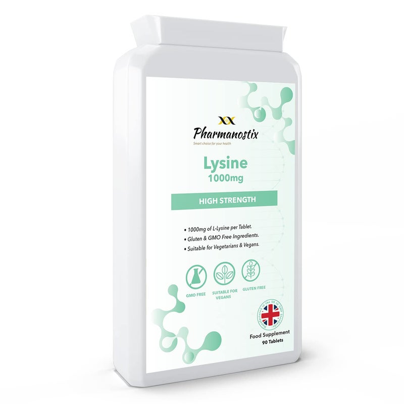 Pharmanostix L-Lysine Tablets 1000mg 90 Tablets - High Strength Essential Amino Acid, Vegan, Non-GMO, Gluten Free Supplement, 3 Months Supply, UK Manufactured to GMP Standards by Pharmanostix - Image 1
